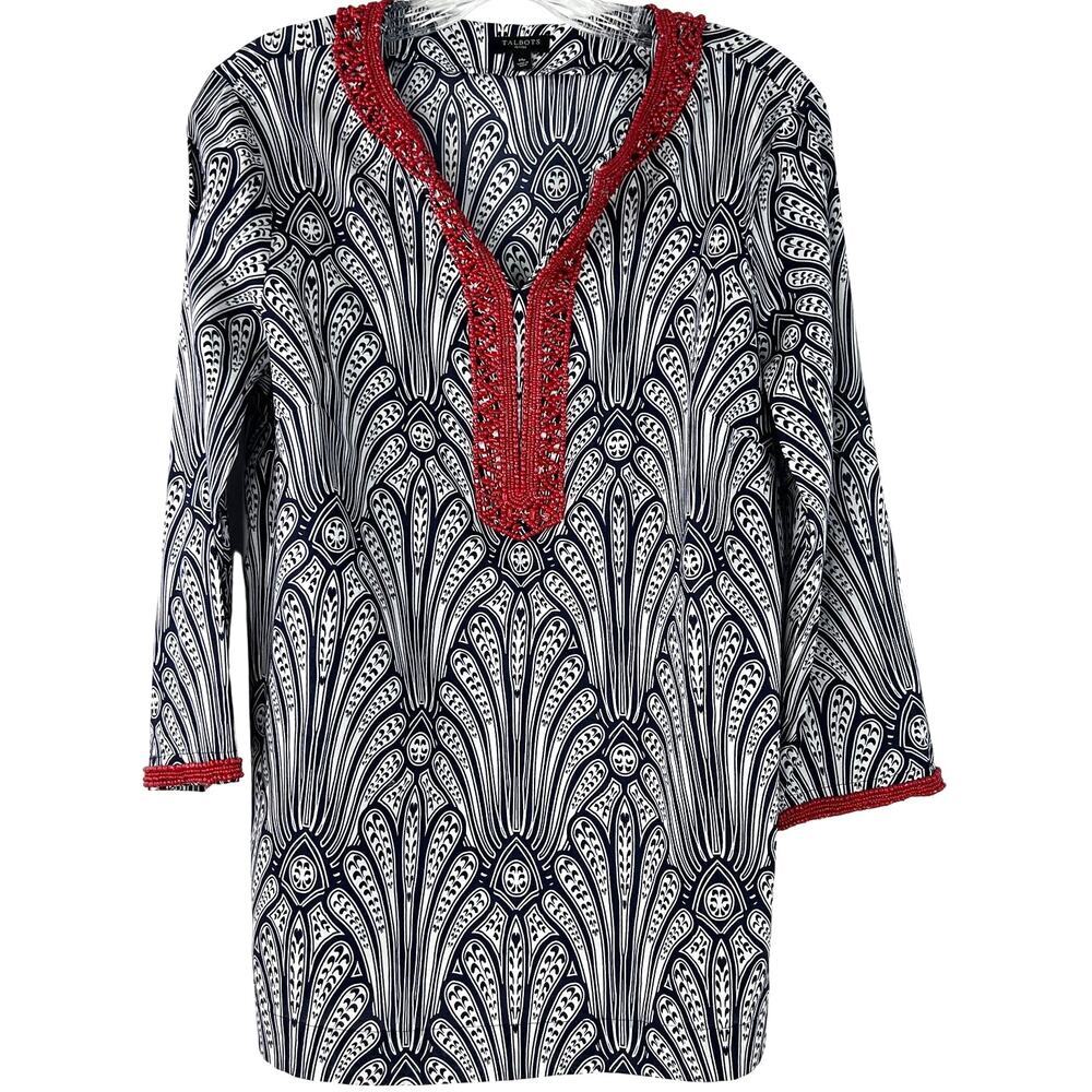 Talbots Women's Black Pattern Print Red Beaded Tunic Top Nautical Size M Petites